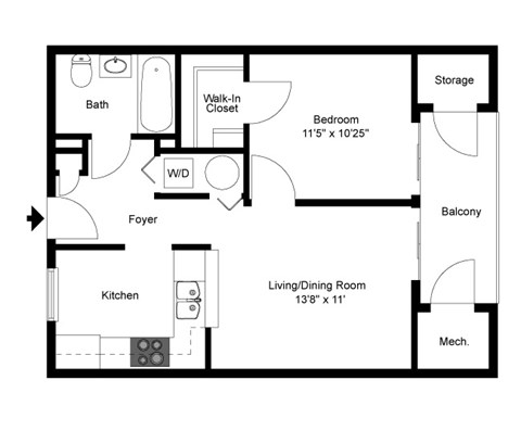 Floor plan for studio, 1 bath, 525 sqft